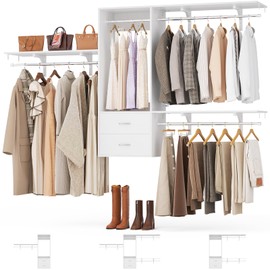 iSunirm 96" Closet System with 2 Wooden Drawers, 4-8ft Walk-in Closet Organizer System with 4 Hanging Rods, Adjustable Heavy Duty Wardrobe Clothes Rack, Garment Rack White
