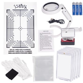 JstFrU Sports Card Grading Kit,Card Grading Centering Tool Set,LED Magnifying Table Lamp,High Intensity Magnifying Loupe, Microfiber Cloth,Gloves,Soft Sleeves,Magnetic Holders,Batteries (White)