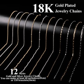 59FT 18K Gold Chains Kit for Jewelry Making 12Rolls 18K Gold Plated Jewelry Chains and Stainless Steel Necklace Chains with Charm/Pliers/Jump Rings/Lobster Clasps Accessories for DIY Necklace Bracelet