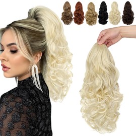 FELENDY 15" Ponytail Extension Drawstring Curly Wavy Ponytail Extensions Clip in Long Pony Tails Hair Cute Synthetic Piece for Women Bleach Blonde