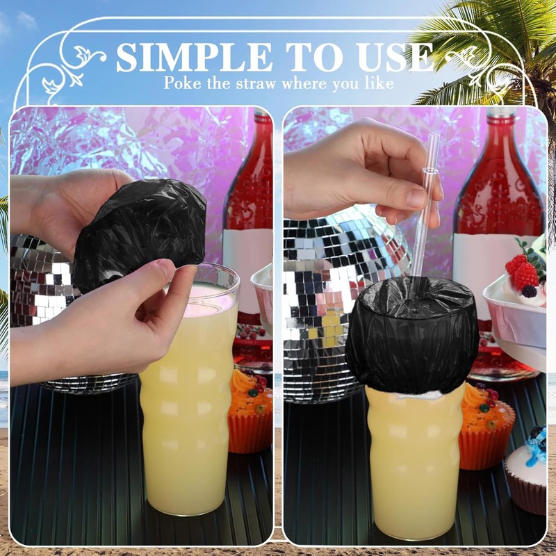 Baderke 100 Pcs Scrunchie Drink Covers Bulk Disposable Plastic Covers