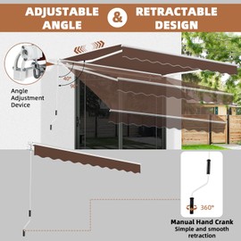 MEETWARM 9.8'x 8.2' Patio Awning Retractable Awning Cover for Sunshade Shelter, Outdoor Patio Canopy with Manual Crank Handle/Water-Resistant 280g/m² Polyester for Patio, Balcony, Yard, Coffee