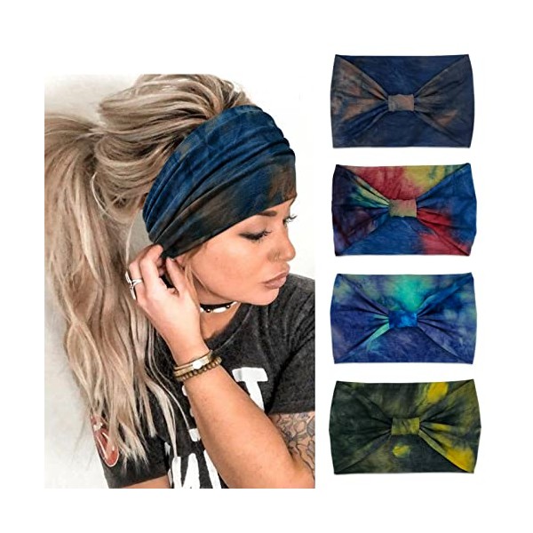 YONUF Wide Headbands For Women Knotted Headband African Womens Head Wraps Stretchy Hair Accessories Bands Tie Dye 4 Pack