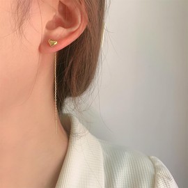 Vintage Heart Threader Dangle Earrings for Teen Girls 14k Gold Silver Tiny Cute Chain Earrings Long Bar Tassel Drop Earrings Jewelry Gift for Women (Gold)