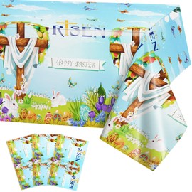 HOWAF 3 pcs Religions Christian Easter Plastic Tablecloth, Jesus Christian He is Risen Disposable Table Cover for Easter Spring Party Favors Supplies,107.8’’x53.9’’
