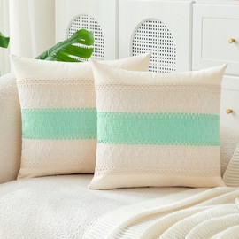 JELLYMONI Boho Cushion Covers, 40 x 40 cm, Set of 2, Light Green Striped Polyester Decorative Cushion Covers with Zip, Decorative Cushion, Sofa Cushion Cover, Throw Cushion Cover for Sofa, Living Room