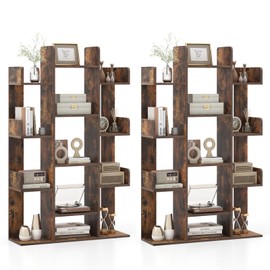 Giantex 7-Cube Tree Bookshelf of 2, 55.5" Wooden Bookcase with 13 Open Shelves, Tall Corner Books Storage Organizer, Freestanding Decorative Display Cube Shelf for Living Room, Study, Rustic Brown