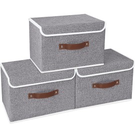 Yawinhe Storage Boxes with Lids 3 Pack, Collapsible Storage Bin with Handle, for Organizing, Clothes, 33x23x20cm, Grey, SNK018GY-S