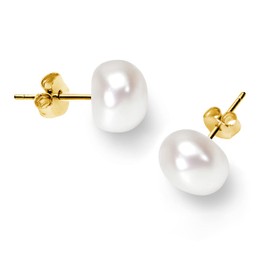 BURLAP LIFE Gold Plated 925 Sterling Silver Freshwater Real Button Pearl Stud Earrings Quality Pearl Earrings for Women, White Pearl 7mm-8mm