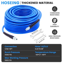 100FT Pressure Washer Sewer Jetter Kit, 5800 PSI Water Jet Drain Cleaner Hose with Corner Rotating Button Nose Nozzle, 1/4 Inch NPT, Kit Includes Sewer Jetting Nozzles and Spanner Handle Strap