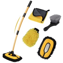 DEPOTA Car Wash Brush with Long Handle, 15°Curved Car Cleaning Brush with Replaceable Head Cover, Truck Washing Brushwith Telescopic Handle Wash Mop Kit 5PCS