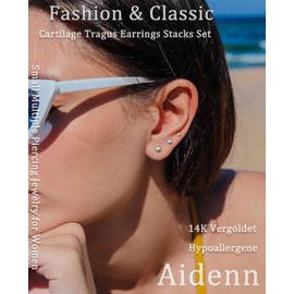 Aidenn 3 Pairs Sterling Silver Stud Earrings for Women Trendy 14K Plated Gold Earrings Post Hypoallergenic Cubic Zirconia Earring Sets for Multiple Piercing Cartilage Earring Studs Small Jewellery