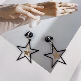 Clip On Double Star Cuff Dangle Drop Earrings for Women Non Pierced Ear Fake Stud Silver Gold Black Hollow Star Dangling Hypoallergenic Fashion Jewelry Christmas Party Holiday Gift (Black)