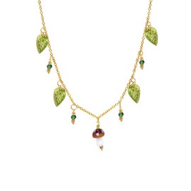 Mushroom Green Leaf Choker Necklace for Women Gold Plated Glass Glaze Red Mushroom Charm Pendant Necklaces Adjustable Chain Hypoallergenic Fashion Jewelry for Holiday