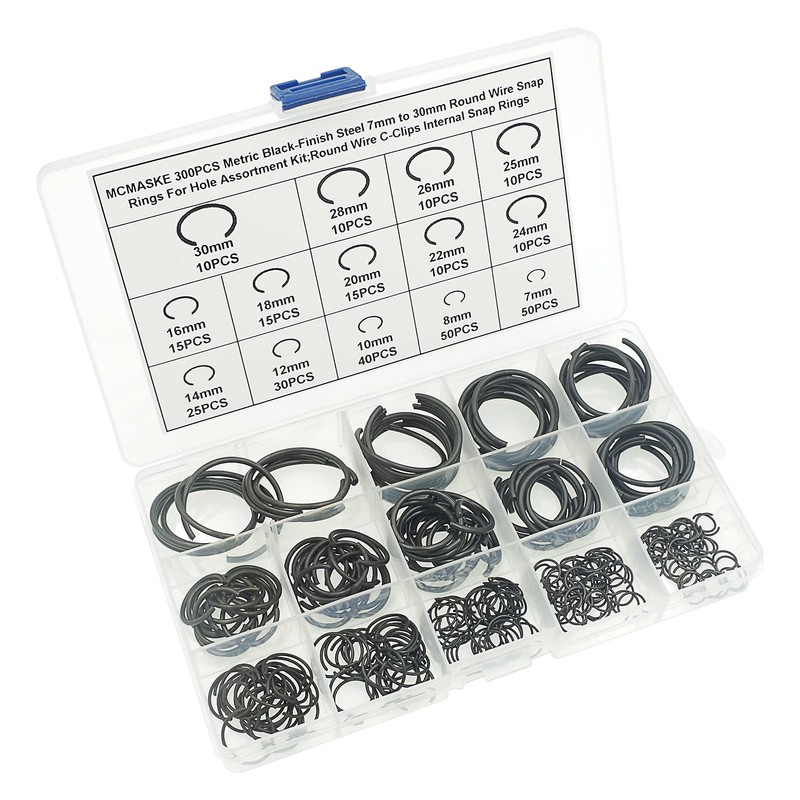 MCMASKE 300PCS Metric 7mm to 30mm Round Wire C-Clips Internal