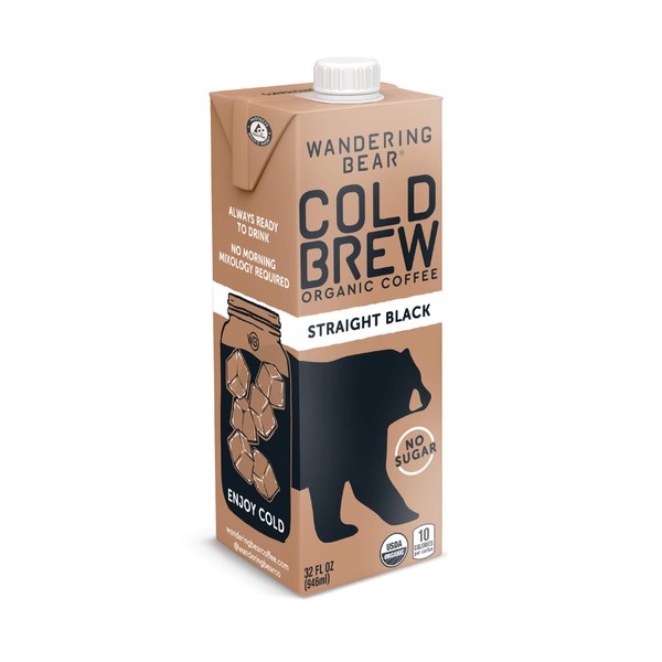 Wandering Bear Extra Strong Organic Cold Brew Coffee, Straight Black, 32 fl oz, 1 pack - Smooth, Organic, Unsweetened, Shelf-Stable, and Ready to Drink Cold Brew