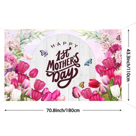 Lofaris First Mother's Day Banner, Pink Floral Wood Background, 70.8x43.3 Inches - Baby's First Mother's Day Party Decoration, Carnation Flowers, New Mom Birthday Celebration, Wall Hanging Backdrop