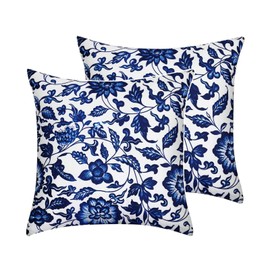 Blue Cushion Cover, 50 x 50 cm, Set of 2 Decorative Cushion Covers, Dark Blue Floral Pattern Cushion Covers for Living Room, Sofa, Bedroom, with Invisible Zip, 50 x 50 cm