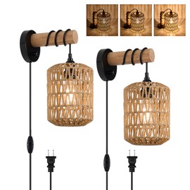 ALAISLYC Rattan Plug in Wall Sconce Bedroom Sconces Set of 2 Boho Dimmable Wall Lamp with Plug in Cord Hanging Wall Lights for Living Room