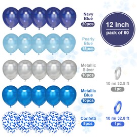 Balloons Blue Silver, Ousuga 60 Pieces 12 Inch Navy Light Blue Balloons Metallic Chrome Silver Blue Confetti Latex Balloons Set for Boys Men Birthday Wedding Baby Shower Party Decoration