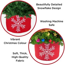 Christmas Tree Skirt Fully Adjustable Fabric Tree Collar for Christmas Tree - Red with Snowflake Design - Sturdy Strengthened Cotton Tree Base Cover Wraparound