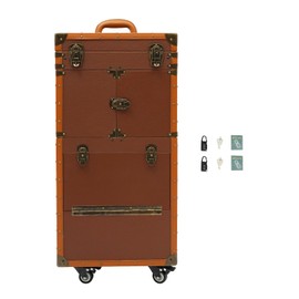 Makeup Rolling Case Large Hairdressing Tool Organiser 2 Mobile Password Locks and 2 Keys, Professional Makeup Train Case for Make Up Nail Hairstylists,Up To 44lbs (No combination lock - brown)