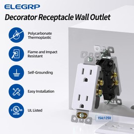 ELEGRP Decorator Receptacle, 15A 125V Standard Electrical Wall Outlet, 2 Pole 3 Wire, No-Tamper Resistant, NEMA 5-15R, Self-Grounding Residential Grade Outlet, UL (Glossy White, 50 Pack)