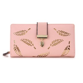 Molylove Women's Leather Wallet Purse Hollow Leaf Pattern Zipper Handbag Button Clutch Bag (Pink)