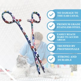 Dog Cat Pet Ear/Nose Hair Puller Grooming Hemostat Locking Forceps Straight Pliers, 5.5" (14cm) - Full Serrated Clamps - Made of Stainless Steel - White Paws Full Patterened Forceps for Pet Lovers