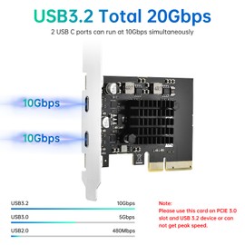 ELUTENG USB C PCIe Card 2 Ports 2 x 10Gpbs Compatible with PCIE X4/X8/X16, PCI-E USB C 3.2 Gen2 Expansion Card 20Gbps with Large Area Heat Sink for Desktop PC Windows 11/10/8/7/XP