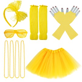 jiebor 80s Costume Accessories Outfits for Girls Kids Tutu Skirt Leg Warmers Fishnet Gloves Shutter Glass Necklace Headband Yellow