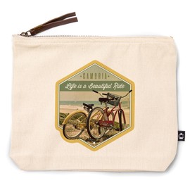 Lantern Press Cambria, California, Life is a Beautiful Ride, Bicycles and Beach Scene, 100% Cotton Zipper Pouch, Travel Accessory, Go Bag