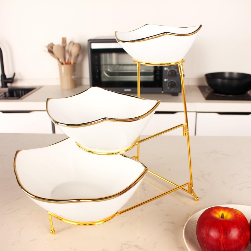 jinsongdafa 3-Tier Serving Rack Ceramic Bowls, Foldable Gold Stand with