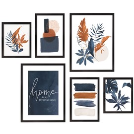 ArtbyHannah Framed Wall Art for Living Room, 6 Pieces Boho Botanical Wall Art with Blue Orange Tropical Plants and Color Blocks for Wall Decor, Multi Sizes