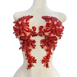 Handmade Rhinestones Bodice lace Applique handsewing Beads Sequins Trim Patches for Dress Clothes Accessories one Set/Bag 5.5X14inches (Red)