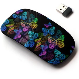 2.4G Wireless Mouse with Cute Pattern Design for All Laptops and Desktops with Nano Receiver - Flying Multicolored Butterflies on Black