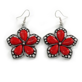 Aged Silver Tone Red Ceramic Bead Flower Drop Earrings - 50mm L