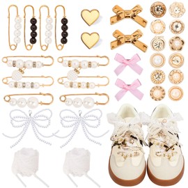 HDGDT Shoe Charms for Sneakers, Charms for Shoelace Junk Socks, Pearl Laces for Sneakers, Shoe Jewelry for Women Socks Shoelaces Clothes, Hats Decoration (Pearl Lace Bow)