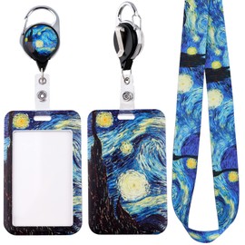 Juanooo Aesthetic Key Lanyard ID Badge Holder for Women Girls Students Cool Doctors Nurses Retractable Badge Reel Lanyard for ID Badges Van Gogh Keychain Lanyard for Car Keys