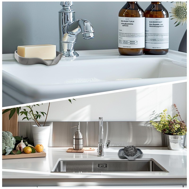 Grey Silicone Soap Dish – Sink Organizer with Drain Spout