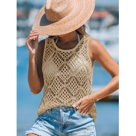 Imily Bela Womens Summer Crochet Tank Tops Knit Sleeveless Scoop Neck Sweater Vest Boho Hollow Out Cover Ups Khaki