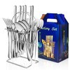 24 Pieces Silverware Set with Hanging Rack Caddy, Stainless Steel