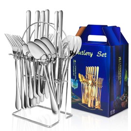 24 Pieces Silverware Set with Hanging Rack Caddy, Stainless Steel Silver Flatware Set for 6, Mirror Polished Utensil Cutlery, Kitchen Tableware Forks Spoons and Knives