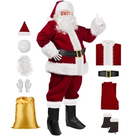 Santa Claus Costume for Men Christmas, Santa Suit 9 PCS, Santa Costume for Men Deluxe, Santa Outfit Velvet