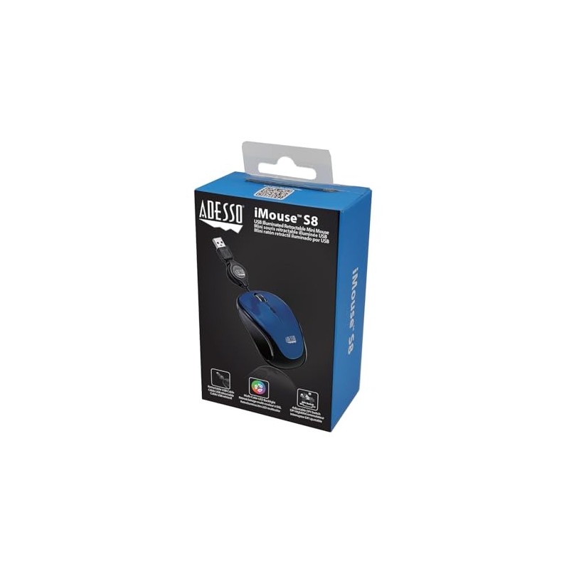 Adesso Ergonomic iMouse S8 - Retractable Optical USB Mouse (Blue)