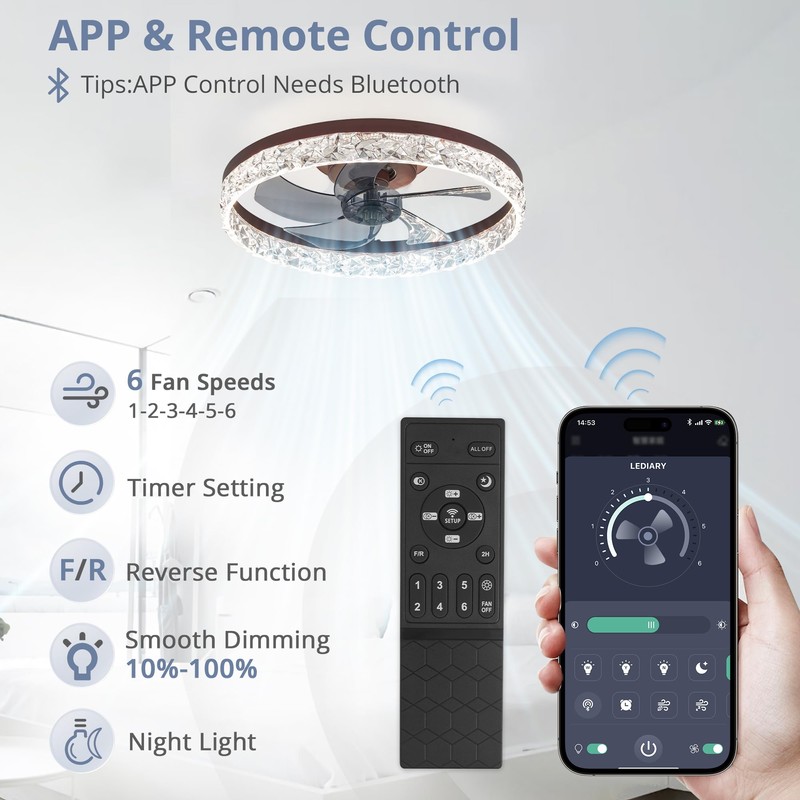 LEDIARY 20" Modern Ceiling Fans with Lights and Remote, Dimmable