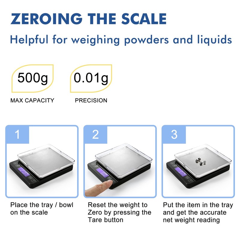 KitchenTour Digital Kitchen Scale - 500g/0.01g High Accuracy Precision Multifunction