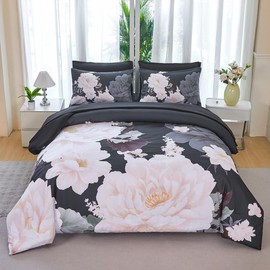 ZSYAYAHA King Size Floral Bedding Set with Comforter Floral Bed Set 7 Pieces Peony Flower Comforter Set Reversible Black Bed in A Bag(Black Beige, King)