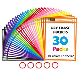 Gamenote 30 Pack Dry Erase Pockets with 5 Rings, 10 Assorted Colors 10x14 Oversized Reusable Plastic Sleeves, Clear Sheet Protectors, Teacher Supplies for Classroom Organization