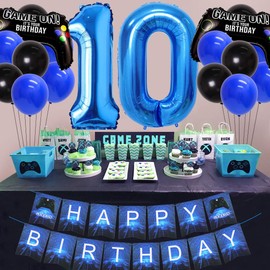 Video Game 10th Birthday Party Decorations for Boys Blue 10 Years Old Happy Birthday Banner Balloons Level up and Game Controller Foil Balloons